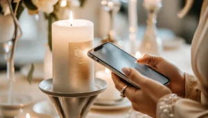 Bougie connectée Flashbacks scannée avec un smartphone, cadeau souvenir de mariage relié à une galerie photo virtuelle