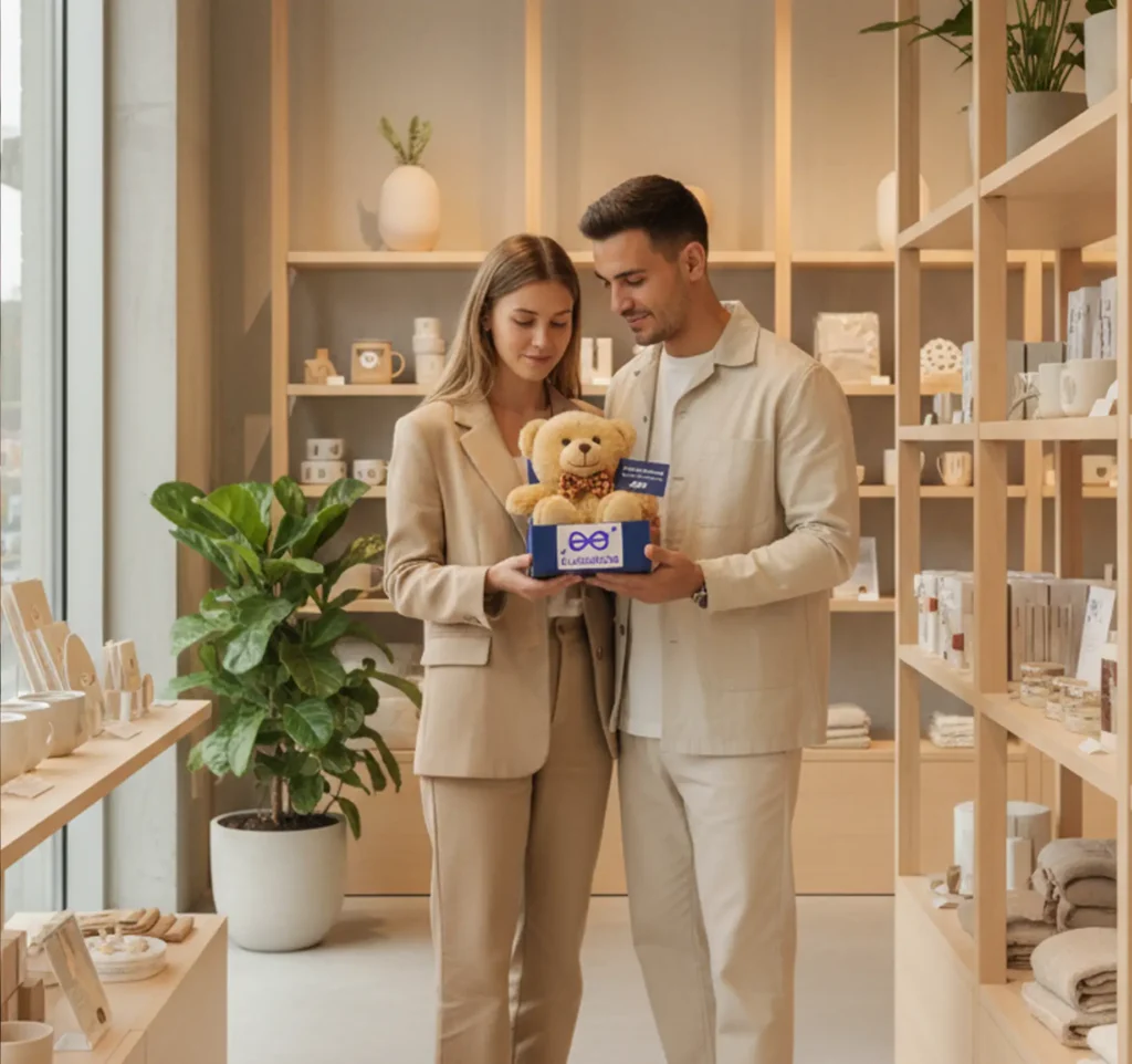 Couple découvrant une peluche connectée Flashbacks en boutique, cadeau souvenir émotionnel relié à une galerie photo virtuelle