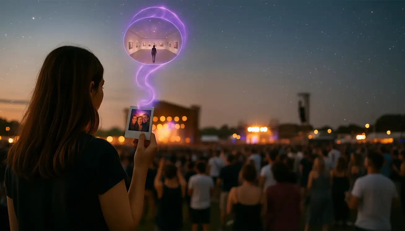 Souvenir connecté Flashbacks utilisé lors d’un festival, photo physique donnant accès à une galerie immersive de souvenirs