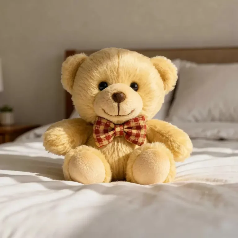 Peluche connectée Rémy de Flashbacks posée sur un lit, cadeau souvenir émotionnel relié à une galerie photo virtuelle