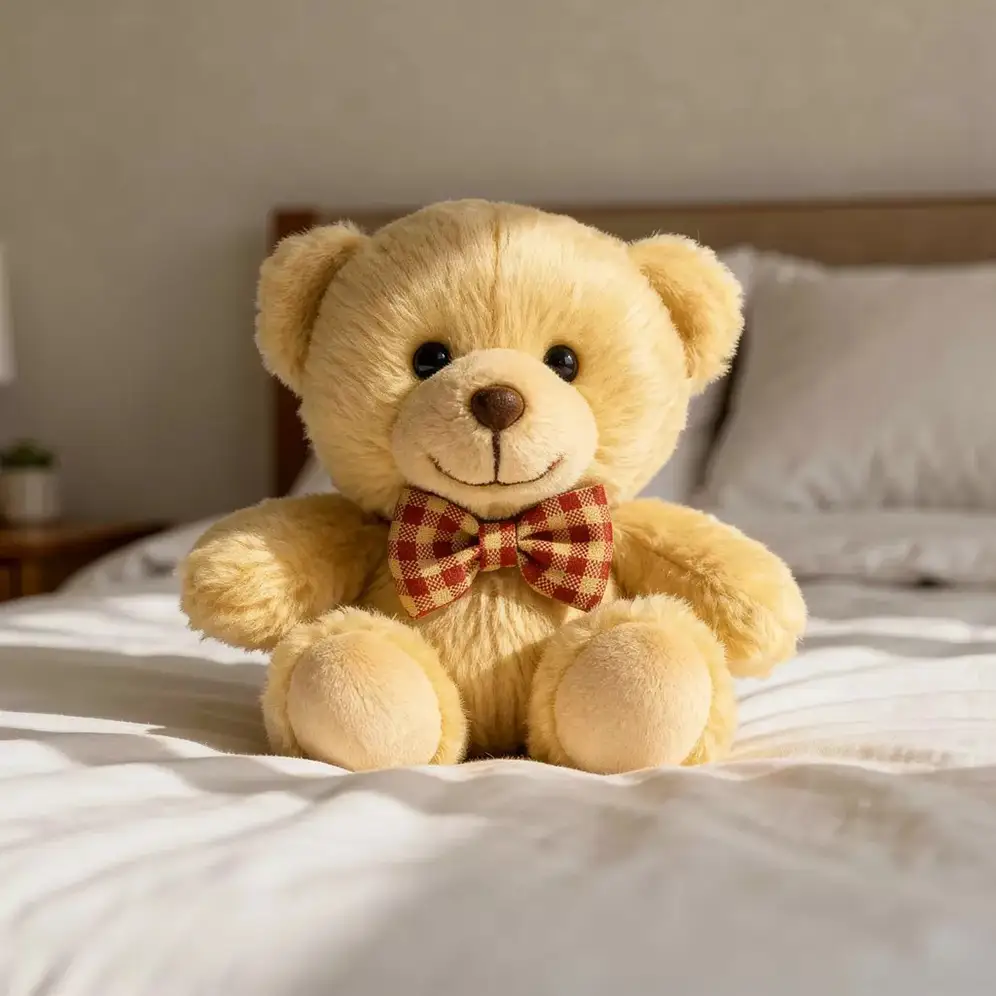 Peluche connectée Rémy de Flashbacks posée sur un lit, cadeau souvenir émotionnel relié à une galerie photo virtuelle