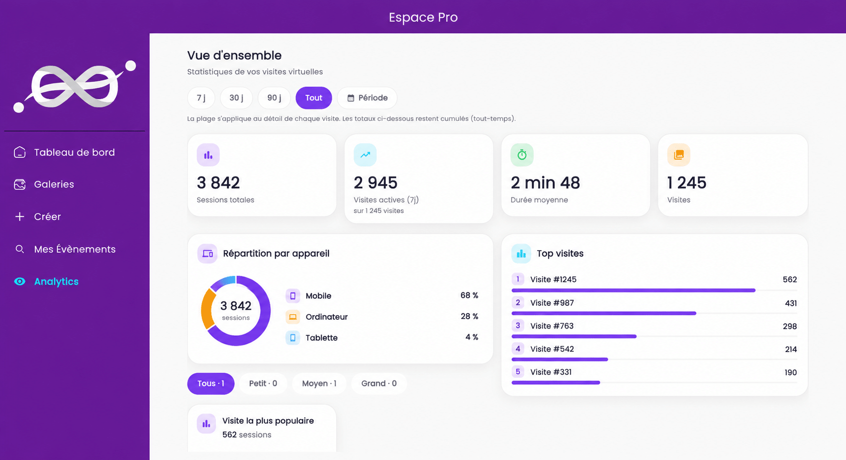Dashboard analytics Flashbacks Pro — vue d'ensemble des statistiques