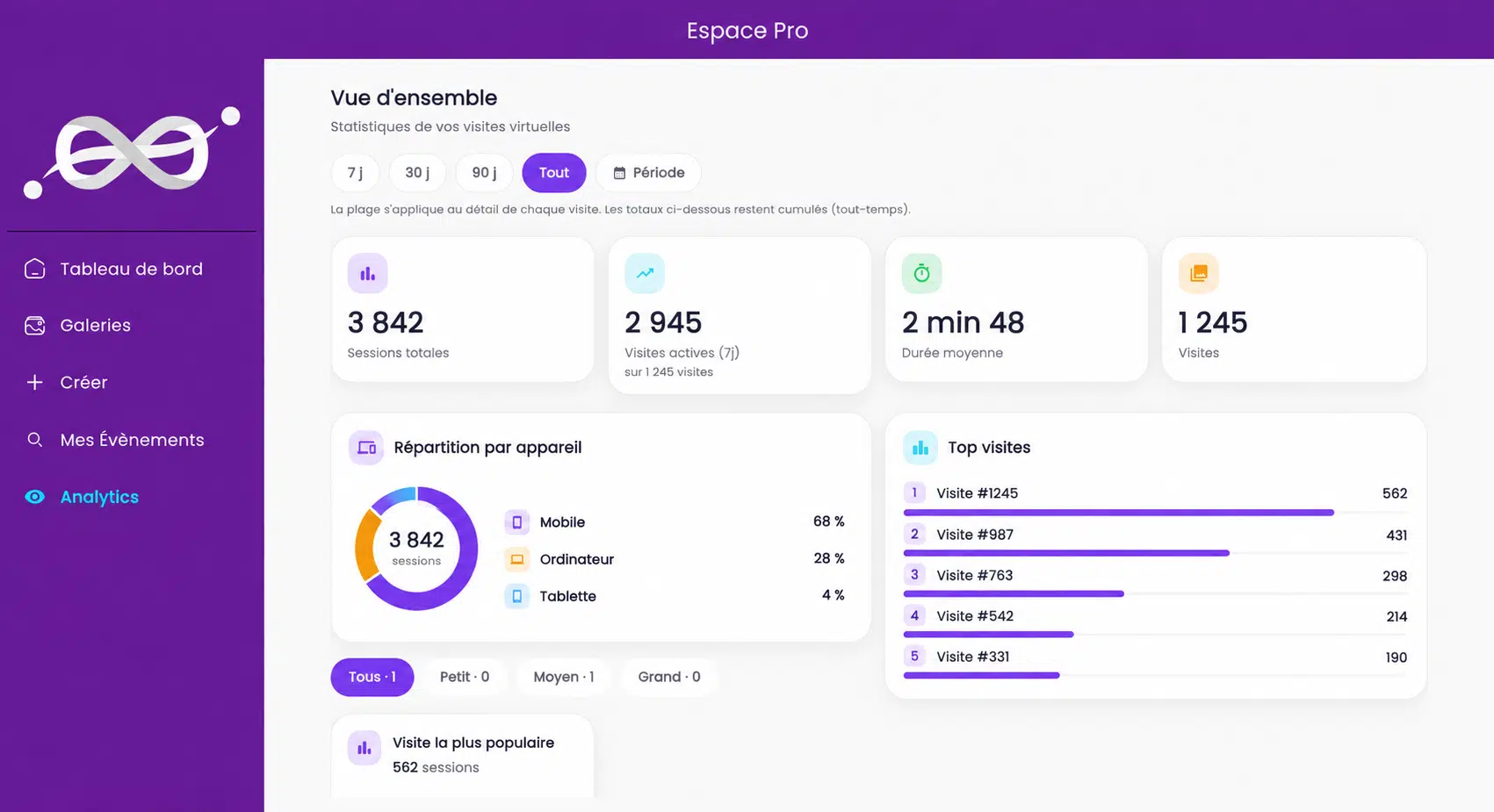 Dashboard analytics Flashbacks Pro — vue d'ensemble des statistiques