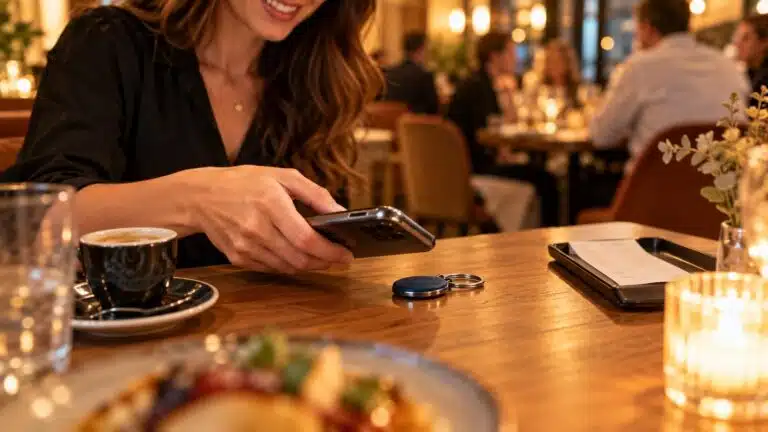 Un client approche son smartphone d'un objet NFC posé sur la table d'un restaurant pour laisser un avis