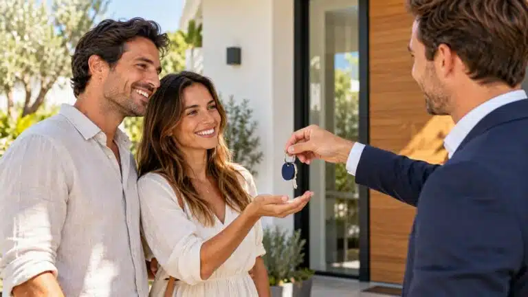 Un agent immobilier remet des clés avec un porte-clé NFC à un couple devant leur nouveau logement