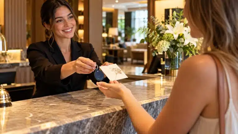 Réceptionniste d'hôtel remettant un porte-clé NFC à un client à l'accueil